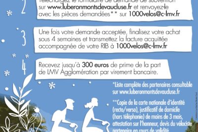 Flyer de l'opération LMV vous met en selle (aide à l'acquisition d'un vélo neuf ou d'occasion, avec ou sans assistance électrique). Jusqu'à 30% remboursés (plafond 300 euros max) - Agrandir l'image 2 sur 2, fenêtre modale