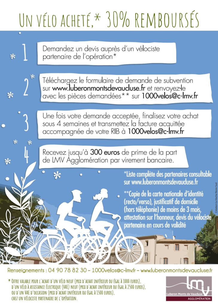 Flyer de l'opération LMV vous met en selle (aide à l'acquisition d'un vélo neuf ou d'occasion, avec ou sans assistance électrique). Jusqu'à 30% remboursés (plafond 300 euros max) - Agrandir l'image, fenêtre modale