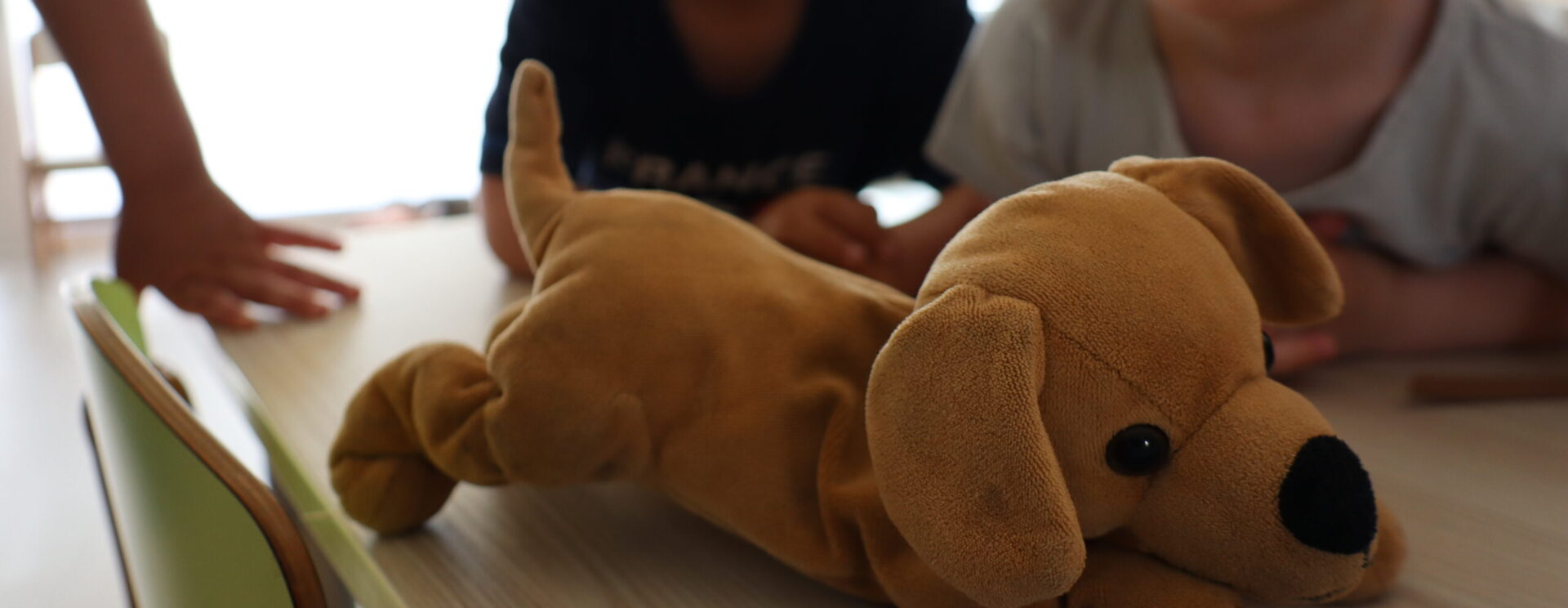 Gros plan d'un chien en peluche avec en arrière fond deux petits garçons qui la regardent
