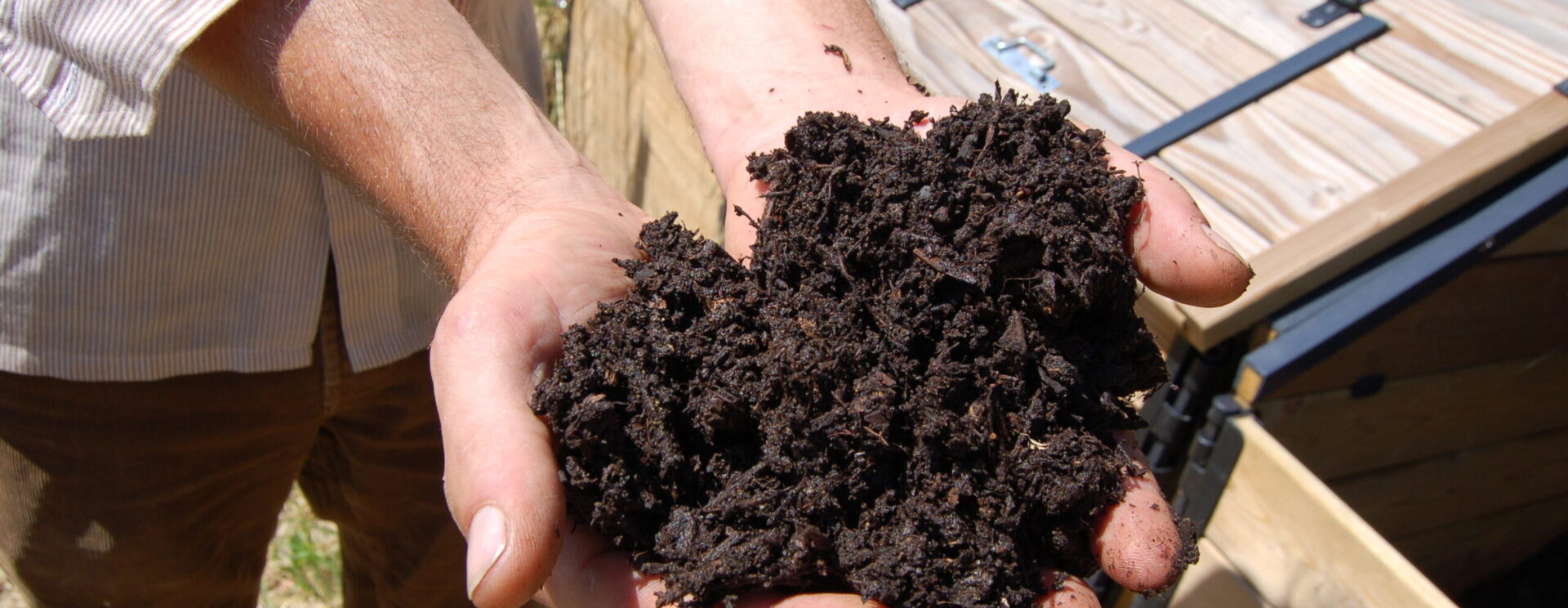 Gros plan de compost dans les mains d'un homme qui se tient devant un composteur