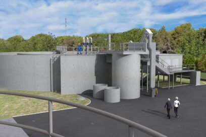 Vue d'architecte de la future station d'épuration des Taillades sur laquelle on voit les deux bassins d'assainissement - Agrandir l'image, fenêtre modale