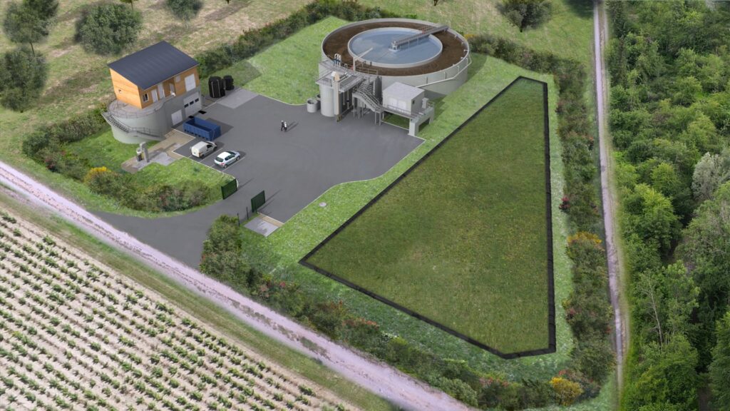 Vue d'architecte de la future station d'épuration des Taillades sur laquelle on voit les deux bassins d'assainissement - Agrandir l'image, fenêtre modale