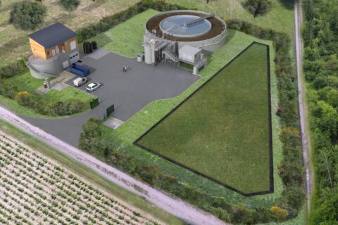 Vue d'architecte de la future station d'épuration des Taillades sur laquelle on voit les deux bassins d'assainissement