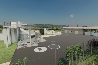 Vue d'architecte de la future station d'épuration de Gordes, située au µPlan des Amandiers, sur laquelle apparaissent deux grands bassins d'assainissement - Agrandir l'image, fenêtre modale