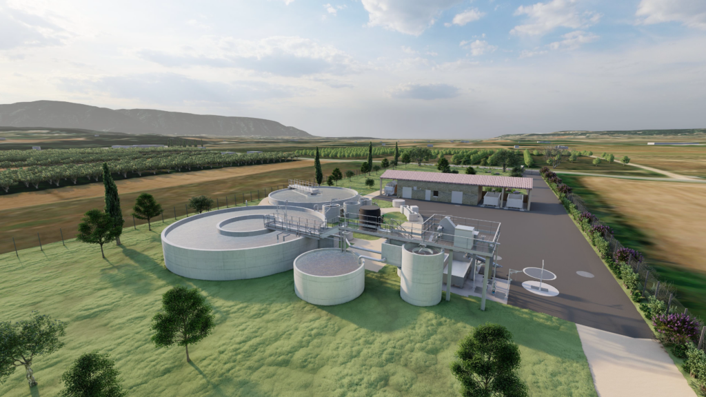 Vue d'architecte de la future station d'épuration de Gordes, située au µPlan des Amandiers, sur laquelle apparaissent deux grands bassins d'assainissement - Agrandir l'image, fenêtre modale