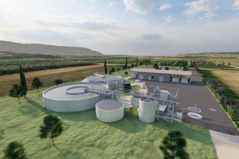 Vue d'architecte de la future station d'épuration de Gordes, située au µPlan des Amandiers, sur laquelle apparaissent deux grands bassins d'assainissement