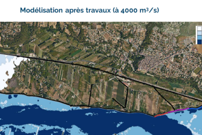 Carte présentant la modélisation des travaux après la construction de la digue de Lauris. Onvoit que la Durance reste dans son lit et n'impacte plus la commune en cas de crue à 4000m3/s - Agrandir l'image 1 sur 2, fenêtre modale