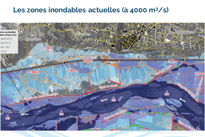 Carte présentant l'inondabilité de la ville de Lauris par la Durance en cas de crue à 4000m3/s. On voit que la plaine de Lauris est largement inondée - Agrandir l'image 2 sur 2, fenêtre modale