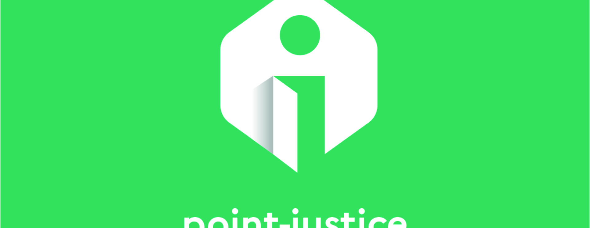 logo vert du point justice (écritures en blanc) symbolisant un I vert donc le corps fait comme une porte ouverte dans un hexagone blanc