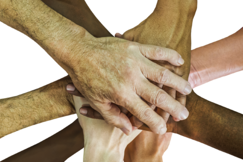 Gros plan sur une dizaine de mains empilées les unes sur les autres, à la manière d'une équipe unie