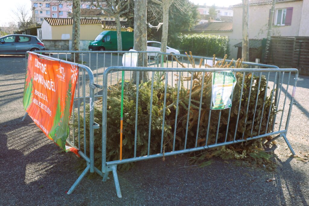 Point de collecte de sapins fait à partir de grilles en métal dans lesquels on retrouve plusieurs sapins déposés au sol. Une banderole est apposée à l'avant de l'une des 4 grilles. - Agrandir l'image, fenêtre modale