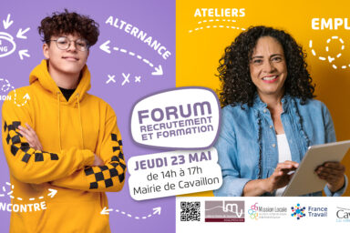 Affiche informative du Forum de l'emploi où l'on voit un jeune homme à gauche et une jeune femme à droite. Des bulles de textes sont dispersées sur l'affiche "alternance" "formation" "emploi"