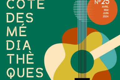 Page de couverture du programme des médiathèques où l'on aperçoit une guitare en couleurs sur un fond vert