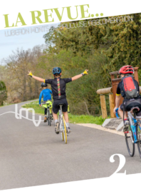 Une du nouveau numéro de la revue LMV montrant des cyclistes de dos sur la Véloroute du Cavaillon. L'un d'eux fait le V de la victoire avec ses doigts - Agrandir l'image, fenêtre modale