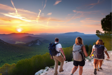 Randonneurs devant un coucher de soleil