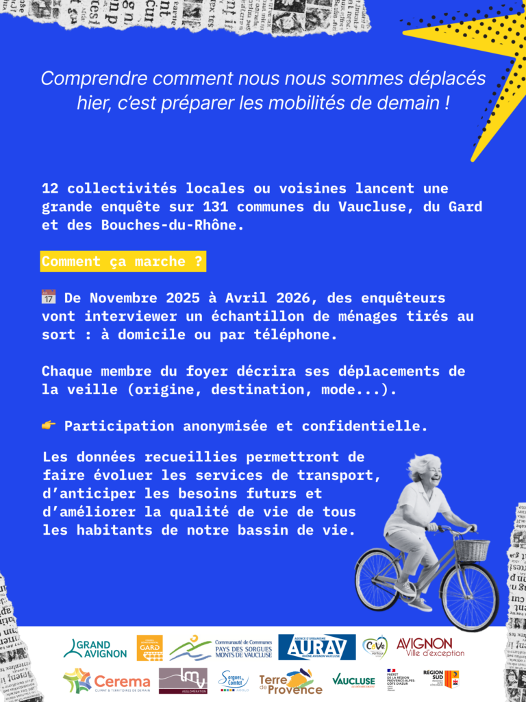 Flyer de présentation de la grande enquête mobilité sera menée par le CEREMA sur le territoire de 10 EPCI dont LMV agglomération de novembre 2025 à avril 2026. 10 000 ménages seront tirés au sort pour répondre à cette enquête visant à connaître leurs habitudes en matière de déplacements et à bâtir un grand plan mobilité pour l'avenir. - Agrandir l'image, fenêtre modale