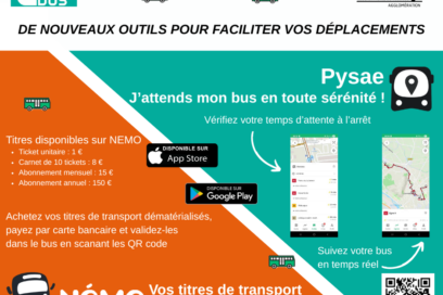 Visuel montrant les nouveaux outils numériques du réseau de transport cavaillonnais CMonBus : Némo (pour acheter ses tritres de transport en ligne sur un smartphone), et PYSAE pour suivre son bus en temps réel et connaître son temps d'attente à l'arrêt. - Agrandir l'image, fenêtre modale